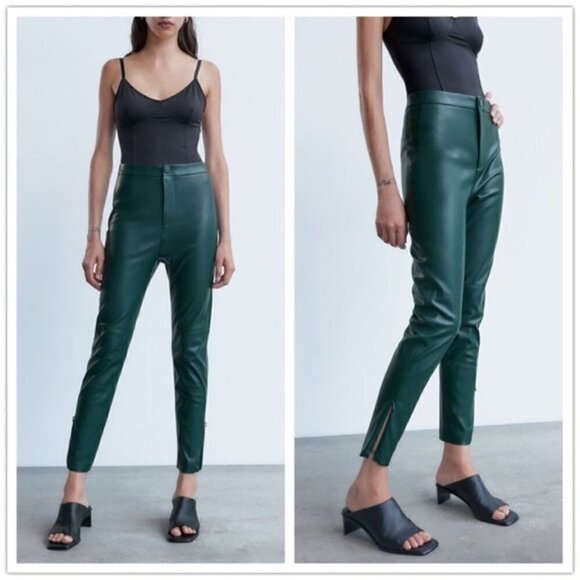 New Zara Faux Leather High Rise Blogger Favorite Green Legging Pants NWT Size XS - Picture 6 of 17